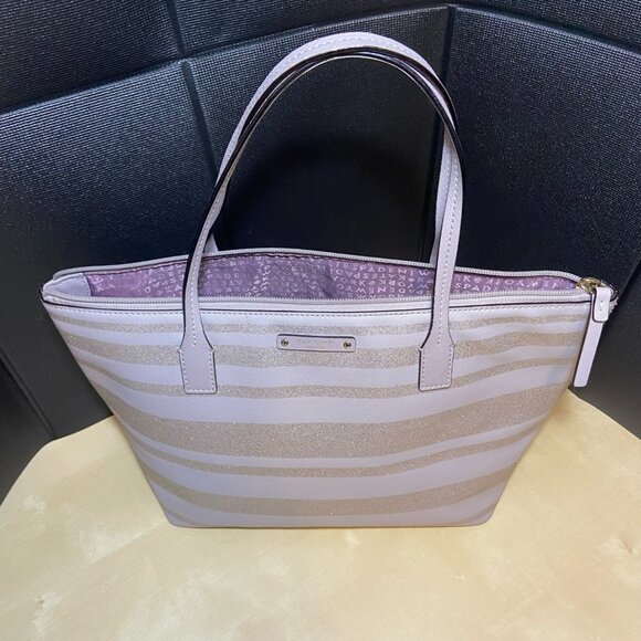 Kate Spade Glitter Stripe Lavender Tote Bag – Saffiano Leather, Zip Top - Picture 1 of 12